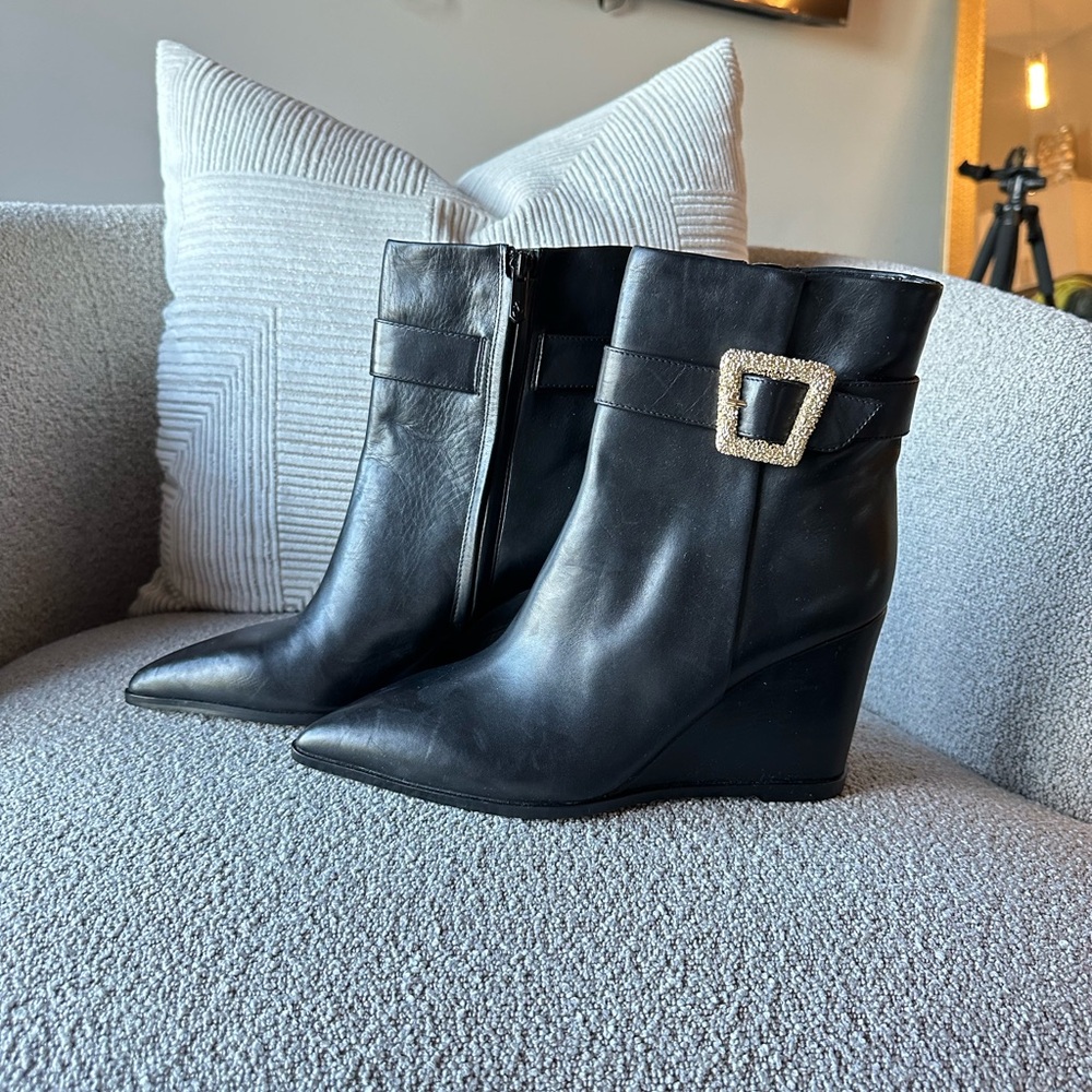 NEW!!! SAM EDELMAN
Weslie Gold Buckle Leather Wedge Ankle Boots